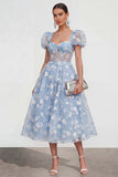 Blue Corset Floral A Line Wedding Guest Dress with Puff Sleeves