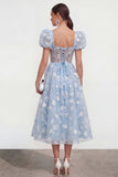 Blue Corset Floral A Line Wedding Guest Dress with Puff Sleeves