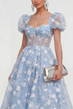 Blue Corset Floral A Line Wedding Guest Dress with Puff Sleeves