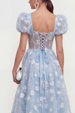 Blue Corset Floral A Line Wedding Guest Dress with Puff Sleeves