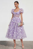 Blue Corset Floral A Line Wedding Guest Dress with Puff Sleeves