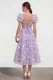 Blue Corset Floral A Line Wedding Guest Dress with Puff Sleeves