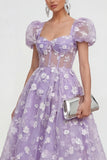Blue Corset Floral A Line Wedding Guest Dress with Puff Sleeves