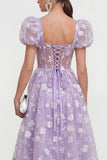 Blue Corset Floral A Line Wedding Guest Dress with Puff Sleeves