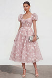 Blue Corset Floral A Line Wedding Guest Dress with Puff Sleeves