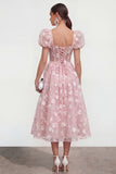 Blue Corset Floral A Line Wedding Guest Dress with Puff Sleeves