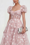 Blue Corset Floral A Line Wedding Guest Dress with Puff Sleeves