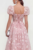 Blue Corset Floral A Line Wedding Guest Dress with Puff Sleeves