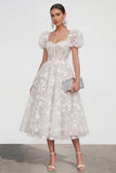 Blue Corset Floral A Line Wedding Guest Dress with Puff Sleeves