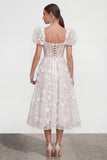 Blue Corset Floral A Line Wedding Guest Dress with Puff Sleeves