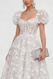 Blue Corset Floral A Line Wedding Guest Dress with Puff Sleeves