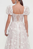 Blue Corset Floral A Line Wedding Guest Dress with Puff Sleeves