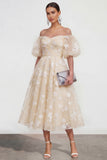 Off The Shoulder Floral A Line Apricot Ruched Wedding Guest Dress with Sleeves