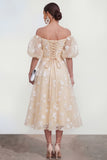 Off The Shoulder Floral A Line Apricot Ruched Wedding Guest Dress with Sleeves