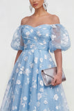 Off The Shoulder Floral A Line Apricot Ruched Wedding Guest Dress with Sleeves
