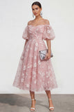 Off The Shoulder Floral A Line Apricot Ruched Wedding Guest Dress with Sleeves
