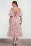 Off The Shoulder Floral A Line Apricot Ruched Wedding Guest Dress with Sleeves