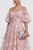 Off The Shoulder Floral A Line Apricot Ruched Wedding Guest Dress with Sleeves