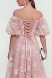 Off The Shoulder Floral A Line Apricot Ruched Wedding Guest Dress with Sleeves