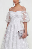 Off The Shoulder Floral A Line Apricot Ruched Wedding Guest Dress with Sleeves