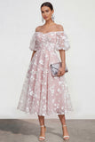 Off The Shoulder Floral A Line Apricot Ruched Wedding Guest Dress with Sleeves