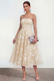 Strapless Corset Floral A Line Apricot Wedding Guest Dress