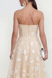Strapless Corset Floral A Line Apricot Wedding Guest Dress