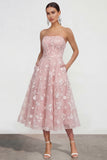 Strapless Corset Floral A Line Apricot Wedding Guest Dress
