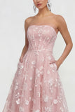 Strapless Corset Floral A Line Apricot Wedding Guest Dress