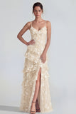 Ruffled Spaghetti Straps Floral Sheath Apricot Wedding Guest Dress with Slit