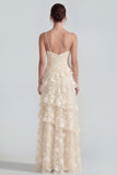 Ruffled Spaghetti Straps Floral Sheath Apricot Wedding Guest Dress with Slit