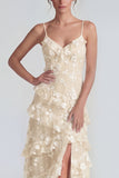 Ruffled Spaghetti Straps Floral Sheath Apricot Wedding Guest Dress with Slit