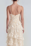 Ruffled Spaghetti Straps Floral Sheath Apricot Wedding Guest Dress with Slit