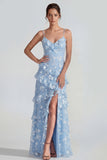 Ruffled Spaghetti Straps Floral Sheath Apricot Wedding Guest Dress with Slit