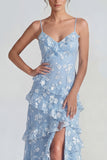 Ruffled Spaghetti Straps Floral Sheath Apricot Wedding Guest Dress with Slit