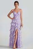Ruffled Spaghetti Straps Floral Sheath Apricot Wedding Guest Dress with Slit