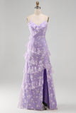 Lilac Ruffled Spaghetti Straps Floral Sheath Wedding Guest Dress with Slit