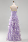 Lilac Ruffled Spaghetti Straps Floral Sheath Wedding Guest Dress with Slit