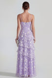 Ruffled Spaghetti Straps Floral Sheath Apricot Wedding Guest Dress with Slit