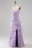 Lilac Ruffled Spaghetti Straps Floral Sheath Wedding Guest Dress with Slit
