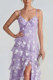 Ruffled Spaghetti Straps Floral Sheath Apricot Wedding Guest Dress with Slit