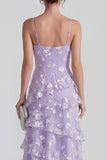 Ruffled Spaghetti Straps Floral Sheath Apricot Wedding Guest Dress with Slit