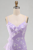 Lilac Ruffled Spaghetti Straps Floral Sheath Wedding Guest Dress with Slit