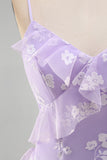 Lilac Ruffled Spaghetti Straps Floral Sheath Wedding Guest Dress with Slit