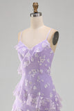 Lilac Ruffled Spaghetti Straps Floral Sheath Wedding Guest Dress with Slit