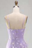 Lilac Ruffled Spaghetti Straps Floral Sheath Wedding Guest Dress with Slit