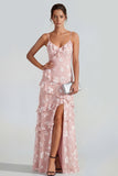Ruffled Spaghetti Straps Floral Sheath Apricot Wedding Guest Dress with Slit