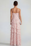 Ruffled Spaghetti Straps Floral Sheath Apricot Wedding Guest Dress with Slit