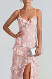 Ruffled Spaghetti Straps Floral Sheath Apricot Wedding Guest Dress with Slit