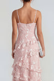 Ruffled Spaghetti Straps Floral Sheath Apricot Wedding Guest Dress with Slit